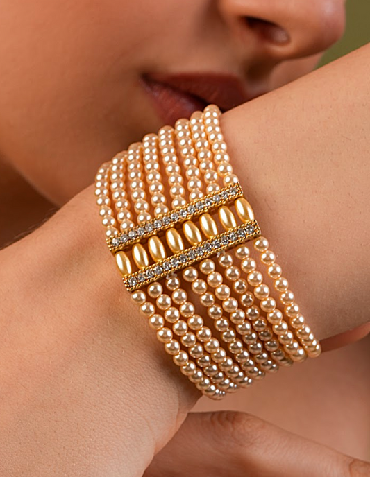 Radiant Rows – Golden Crystal Pearl Bracelet