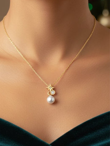 Basraa 92.5 Sterling Silver Star & Moon Pearl Pendant Necklace