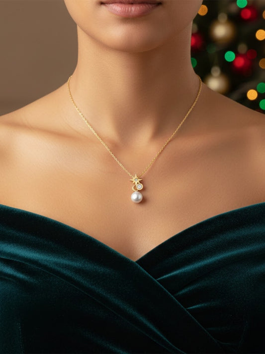 Basraa 92.5 Sterling Silver Star & Moon Pearl Pendant Necklace
