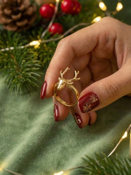 BASRAA 92.5 Sterling Silver Reindeer Motif Gold Plated Ring