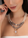 Basraa Pearl & Grey Agate Dual-Layer Necklace – Gold Floral Pendant Charm