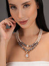 Basraa Pearl & Grey Agate Dual-Layer Necklace – Gold Floral Pendant Charm