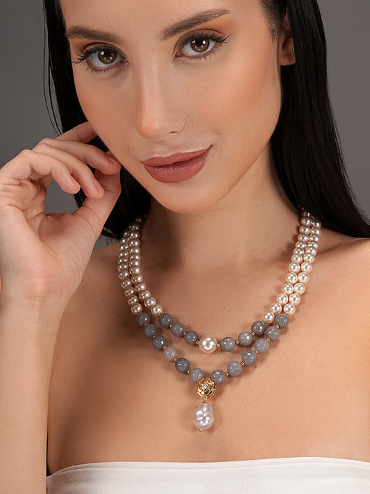 Basraa Pearl & Grey Agate Dual-Layer Necklace – Gold Floral Pendant Charm
