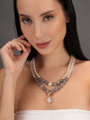 Basraa Pearl & Grey Agate Dual-Layer Necklace – Gold Floral Pendant Charm