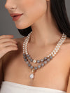 Basraa Pearl & Grey Agate Dual-Layer Necklace – Gold Floral Pendant Charm
