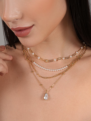Basraa Multi-Layer Pearl &amp; Gold Drop Necklace