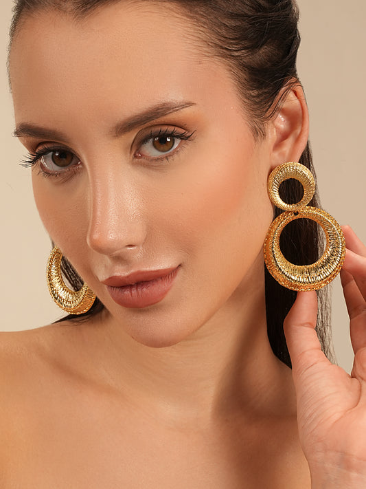 Dual Circle Textured Gold-Plated Statement Earrings – Basraa Luxe Edition