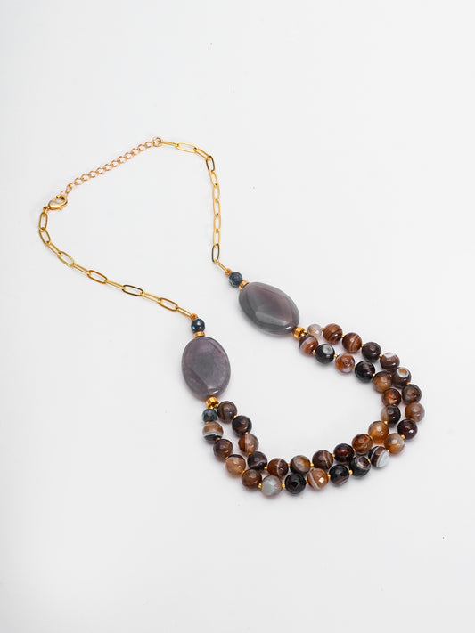Dual-Layer Brown Agate Beaded Necklace with Smoky Quartz Accents – Basraa Natural Stone Collection