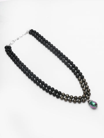 Black Lava Stone & Pyrite Layered Necklace with Shell Pearl Pendant – Basraa Luxe Collection