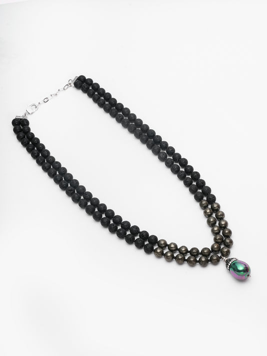 Black Lava Stone & Pyrite Layered Necklace with Shell Pearl Pendant – Basraa Luxe Collection
