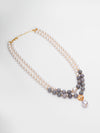 Basraa Pearl & Grey Agate Dual-Layer Necklace – Gold Floral Pendant Charm