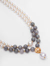 Basraa Pearl & Grey Agate Dual-Layer Necklace – Gold Floral Pendant Charm