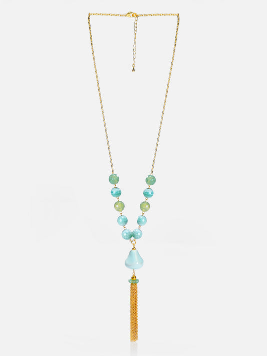 Aqua Green Agate Tassel Necklace – Gold-Plated Chain Statement Jewelry by Basraa