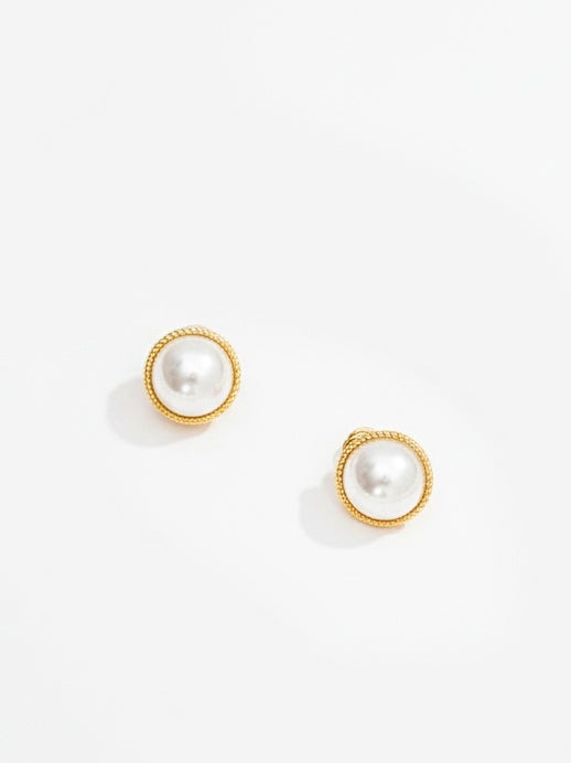 Basraa White Pearl Stud Earrings with Golden Rope Frame