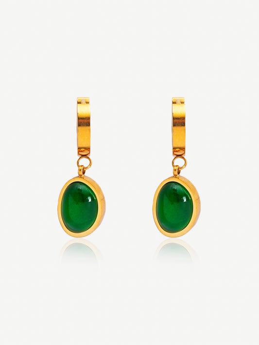 Emerald Green Aura Drop Earrings – 18K Gold-Plated Stone Dangles