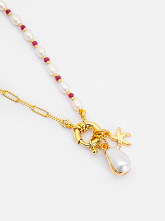 Basraa Pearl Ruby Accent Charm Necklace – Dual Chain 18K Gold-Plated