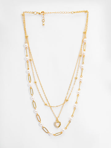 Basraa Layered Pearl & Heart Pendant Necklace in 18K Gold Finish