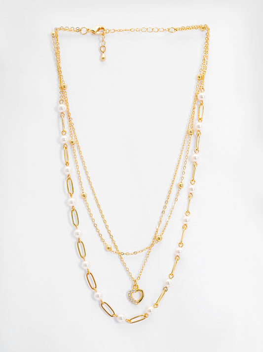 Basraa Layered Pearl & Heart Pendant Necklace in 18K Gold Finish