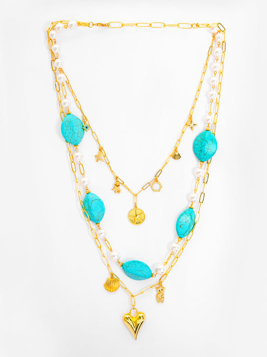 Basraa Turquoise & Pearl Layered Necklace with Golden Charms