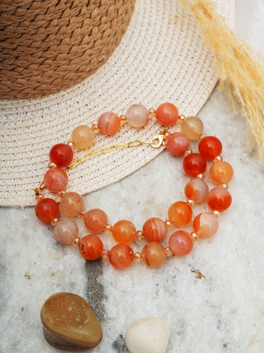 Sunset Orange Agate Beaded Necklace with Gold-Plated Chain – Basraa Gemstone Collection
