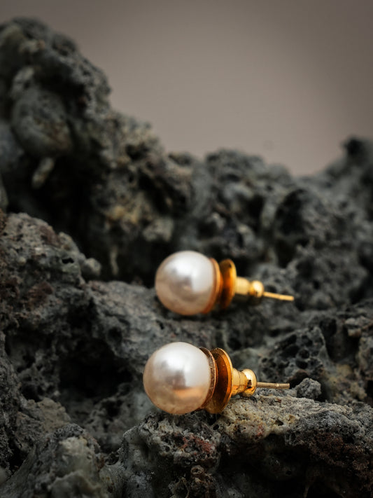 Basraa Classic White Pearl Stud Earrings in Golden Finish