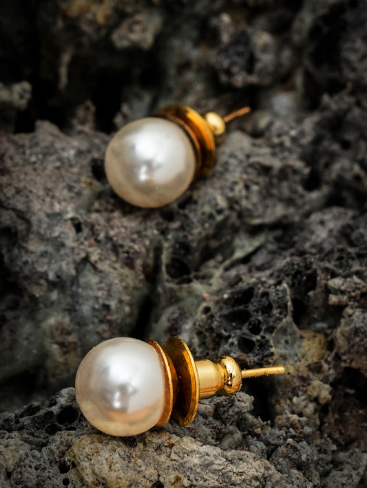 Basraa Classic White Pearl Stud Earrings in Golden Finish