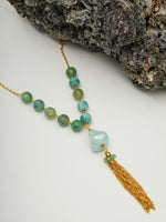 Aqua Green Agate Tassel Necklace – Gold-Plated Chain Statement Jewelry by Basraa