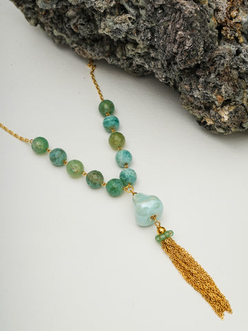 Aqua Green Agate Tassel Necklace – Gold-Plated Chain Statement Jewelry by Basraa