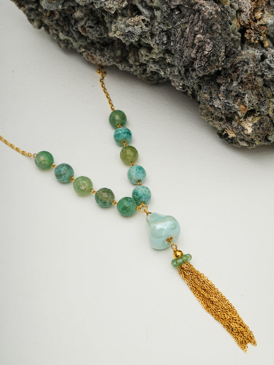 Aqua Green Agate Tassel Necklace – Gold-Plated Chain Statement Jewelry by Basraa